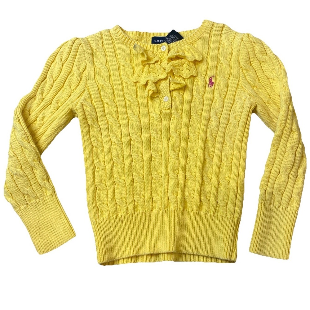 Ralph Lauren Cable Knit Sweater Girls Sz 4 Ruffle Preppy Pony Coquette Yellow